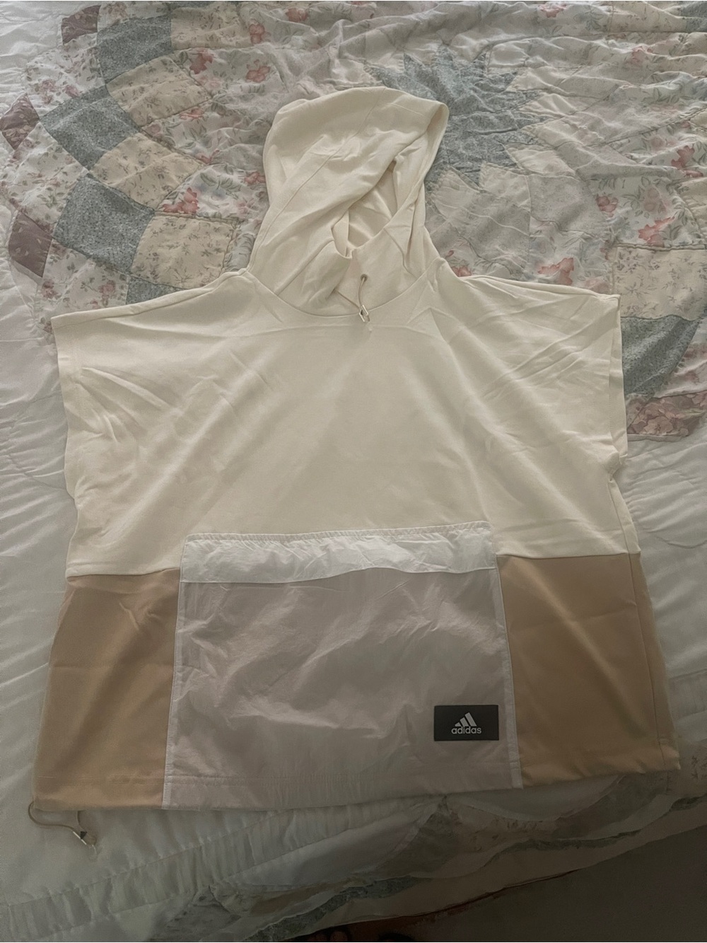 adidas Short-Sleeve Hooded Pullover in Cream and Tan
